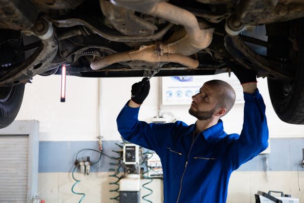 Technician inspecting an exhaust system under a vehicle on a lift