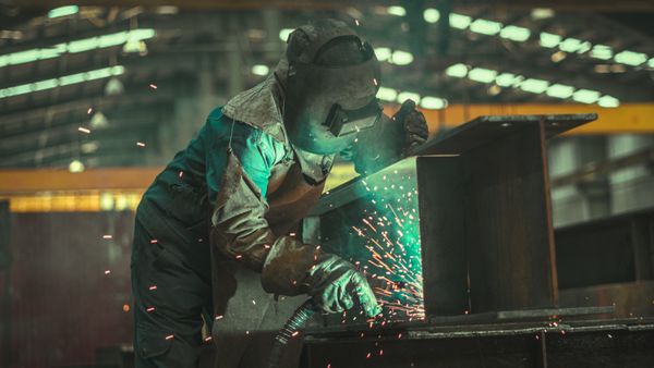 Welder joining metal with bright sparks